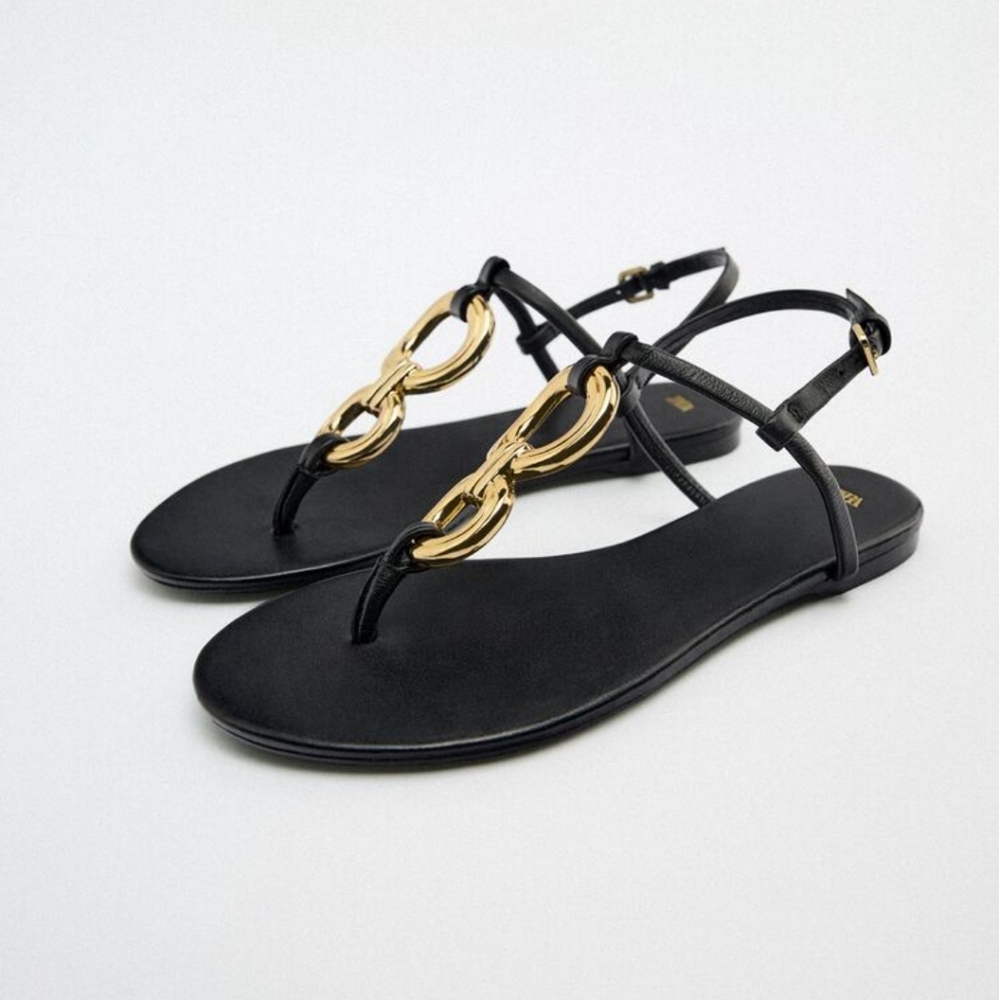 Zara * Gold Detail Leather Low Heeled Open Toe Flat Sandals Black Size 8 / 39 - Picture 2 of 6